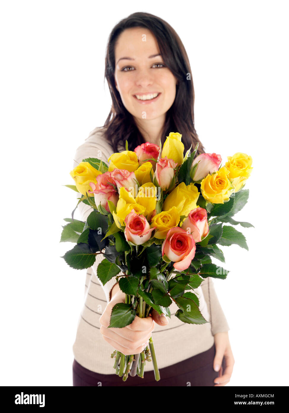 Young Woman Holding Bunch of Flowers Model Released Stock Photo - Alamy
