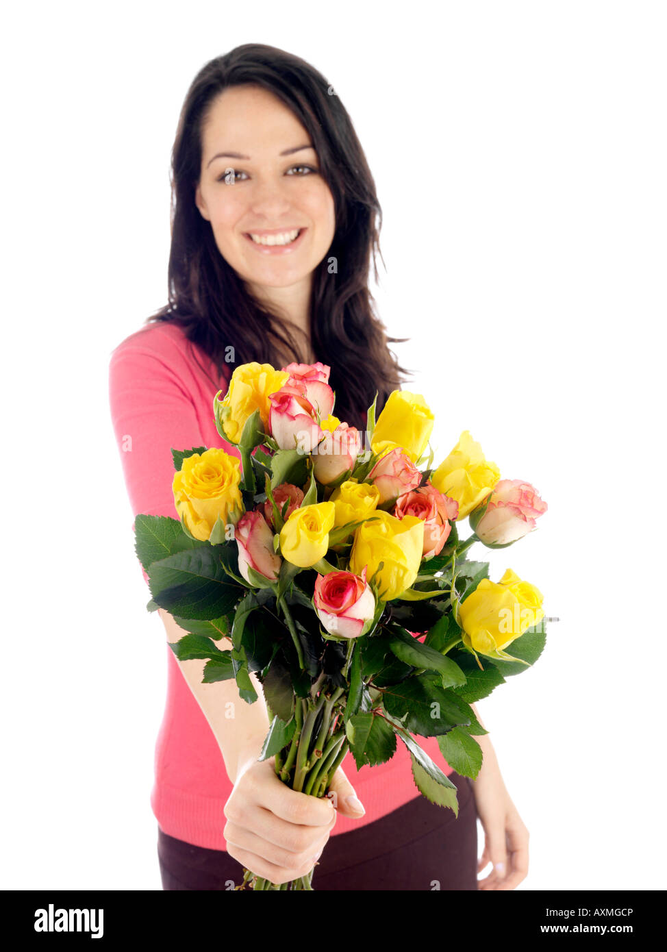 Young Woman Holding Bunch of Flowers Model Released Stock Photo - Alamy