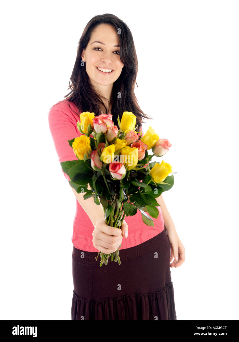 Young Woman Holding Bunch of Flowers Model Released Stock Photo - Alamy