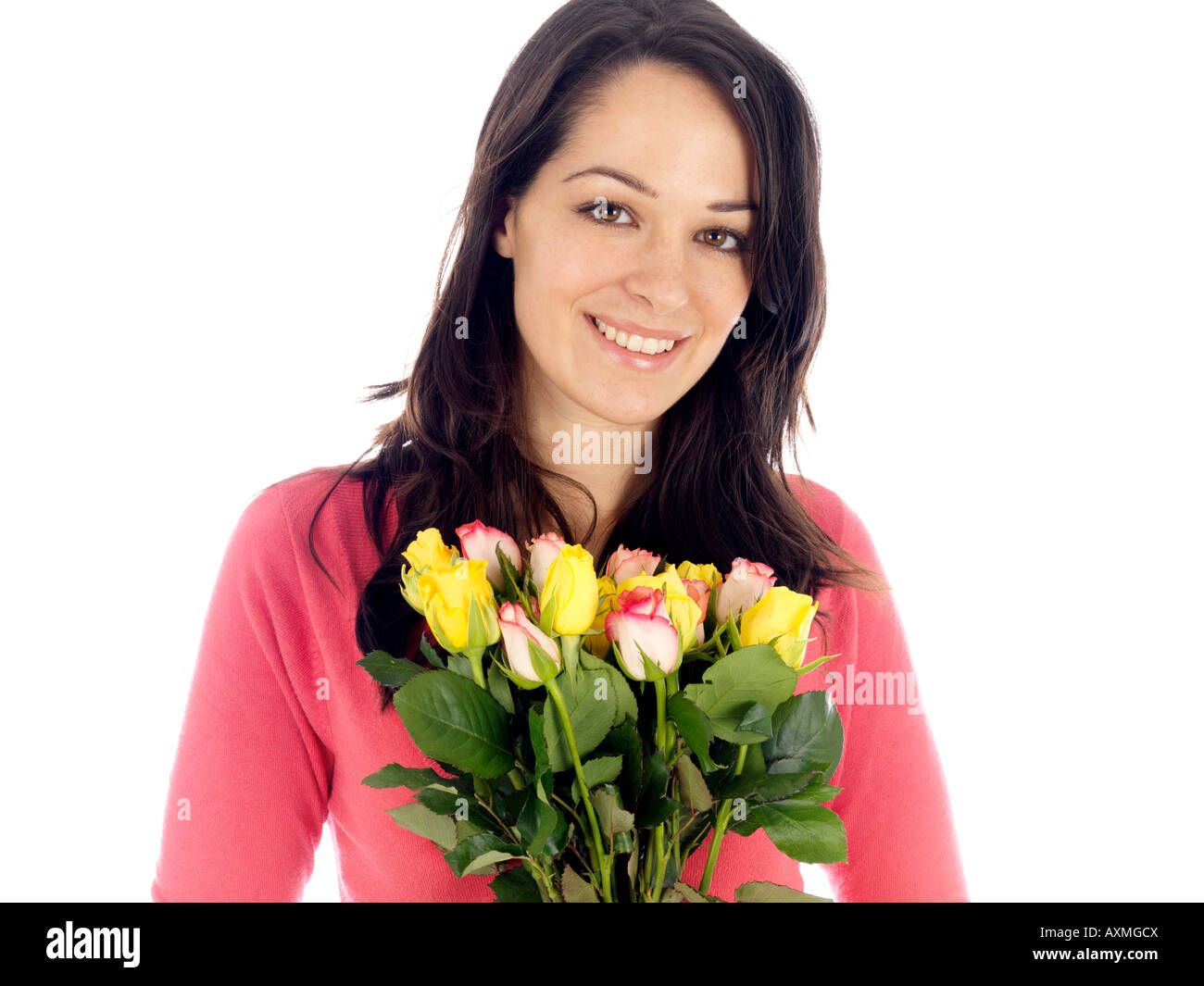 Young Woman Holding Bunch of Flowers Model Released Stock Photo - Alamy