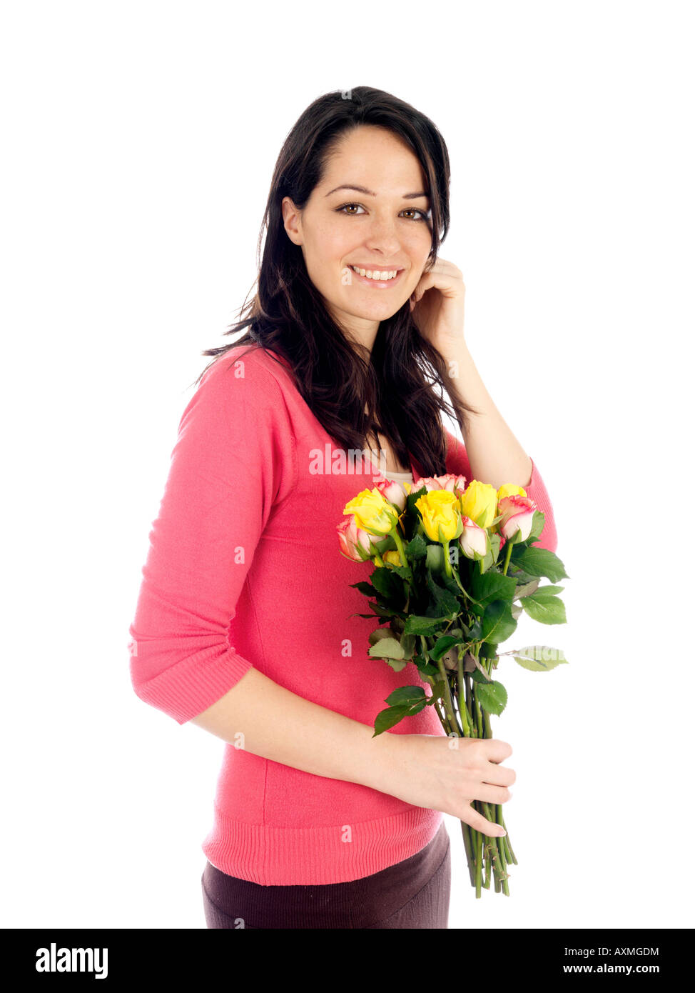 Young Woman Holding Bunch of Flowers Model Released Stock Photo - Alamy