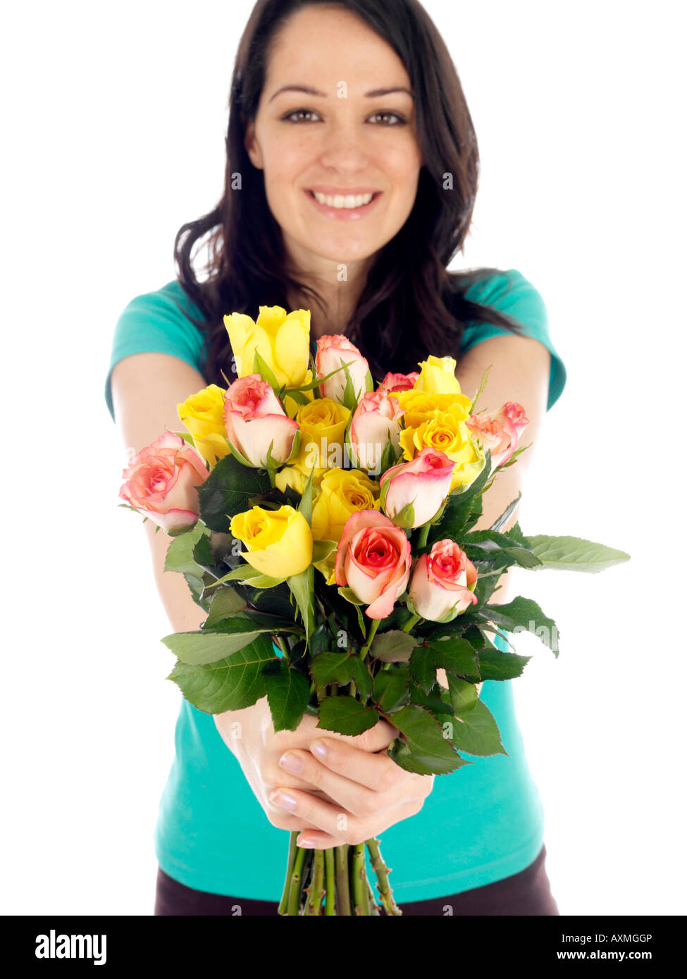 Young Woman Holding Bunch of Flowers Model Released Stock Photo - Alamy
