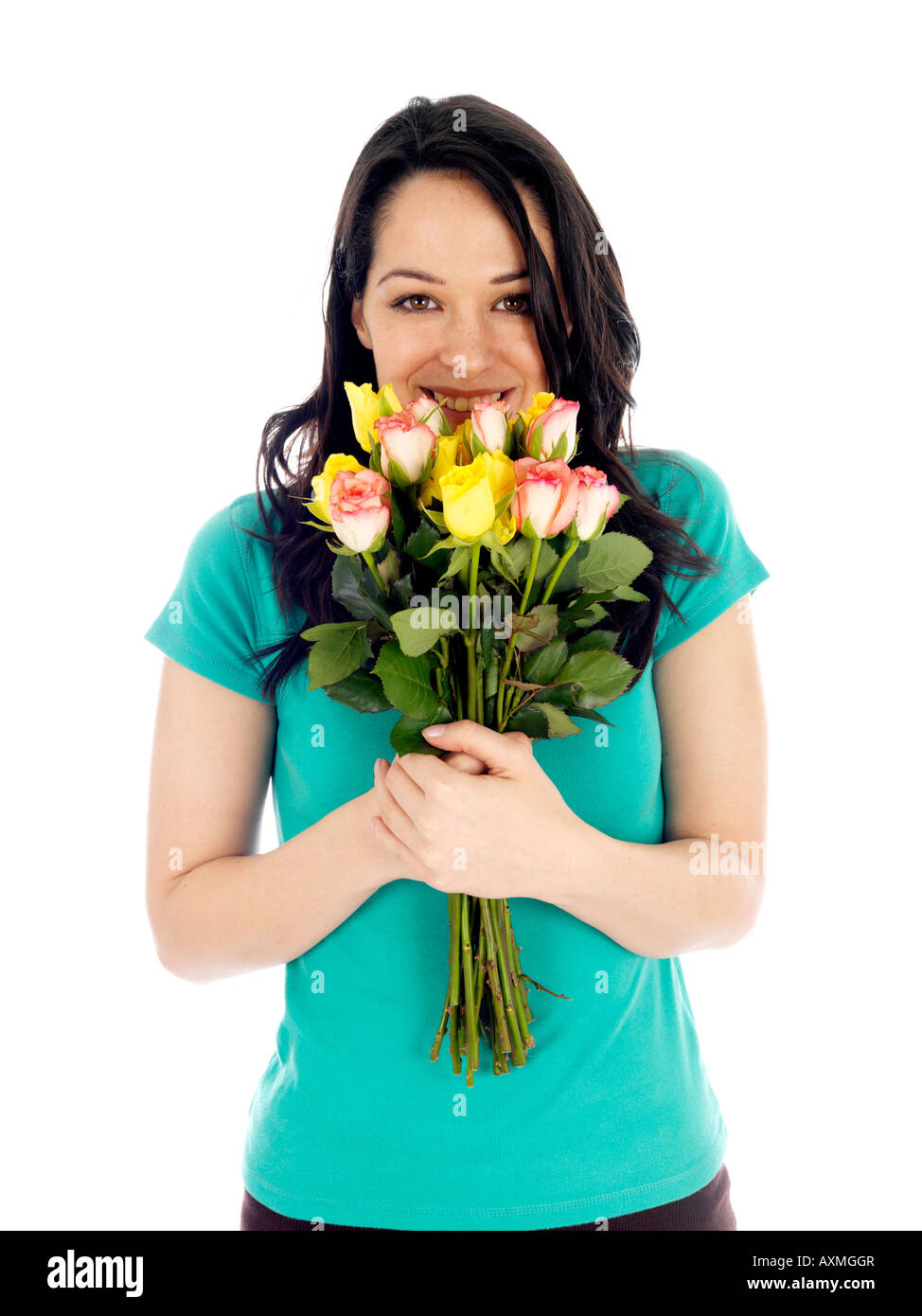 Young Woman Holding Bunch of Flowers Model Released Stock Photo - Alamy