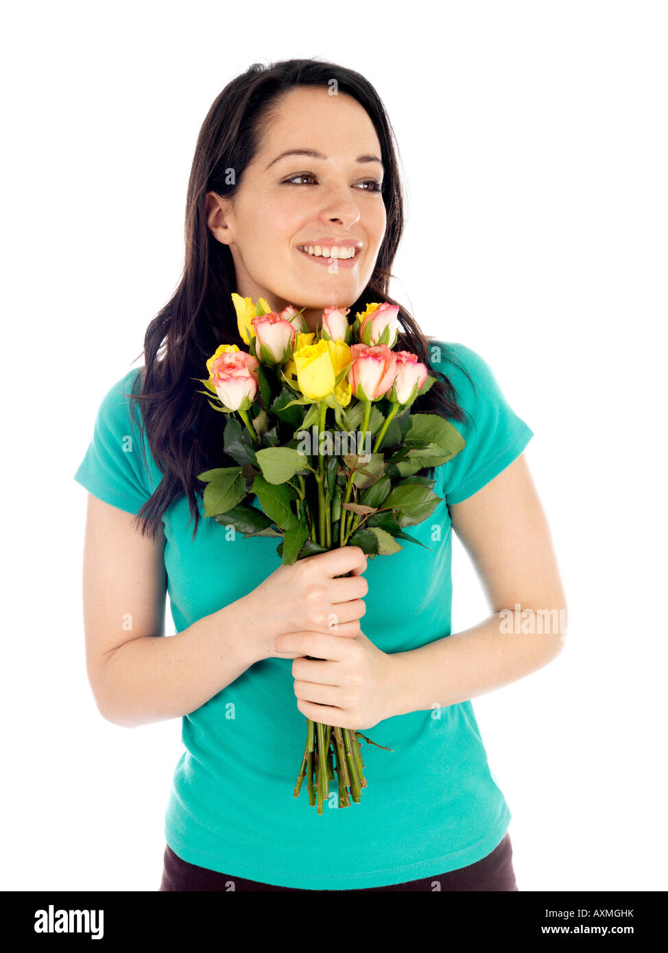 Young Woman Holding Bunch of Flowers Model Released Stock Photo - Alamy