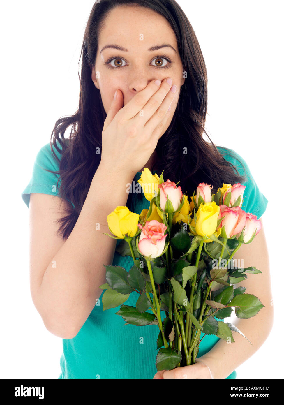 Young Woman Holding Bunch of Flowers Model Released Stock Photo - Alamy
