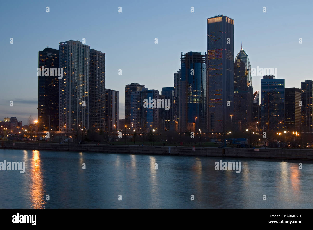 Skyline at night with Lake Michigan Chicago Illinois USA Stock Photo ...