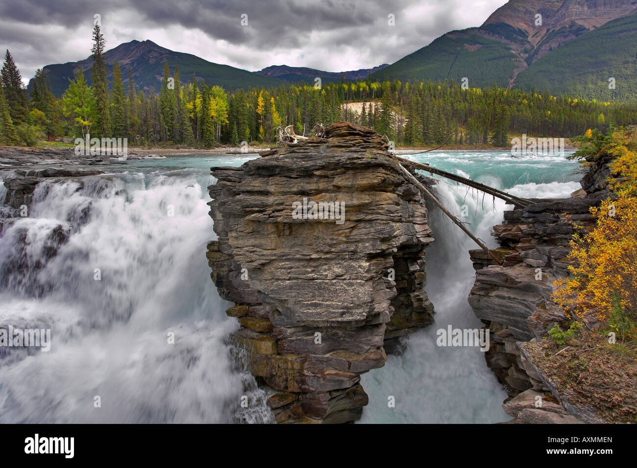 Falls Athabasca in a deep canyon in the north of Canada Stock Photo