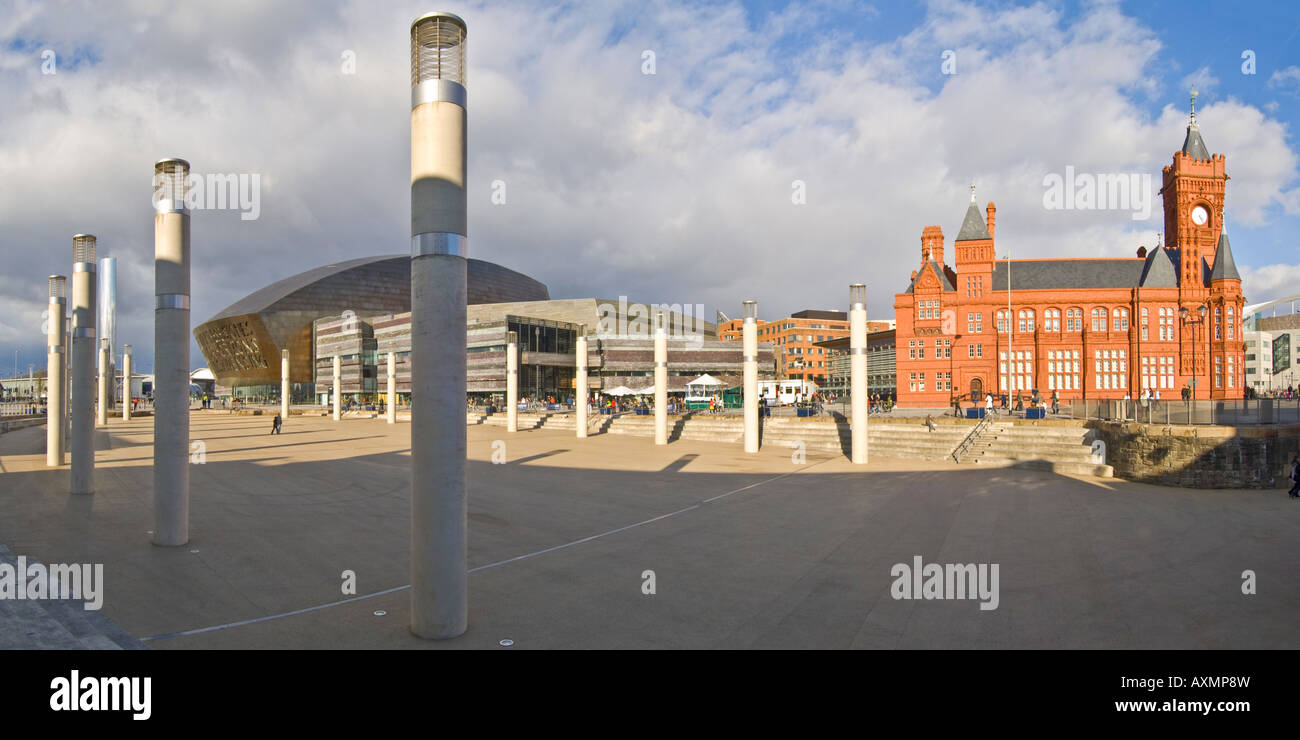 A 2 picture stitch panoramic of The Wales Millennium Centre, Roald Dahl Plass and the Pierhead Building in Cardiff Bay. Stock Photo