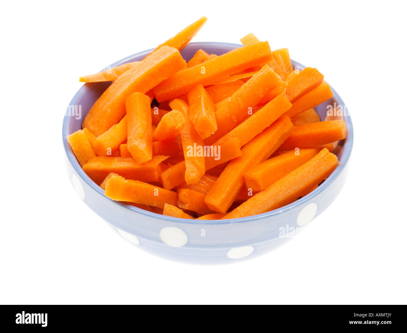 Bowl Of Fresh Healthy Prepared Carrot Batons In A Bowl Ready For Cooking Isolated Against A White Background With No People And A Clipping Path Stock Photo