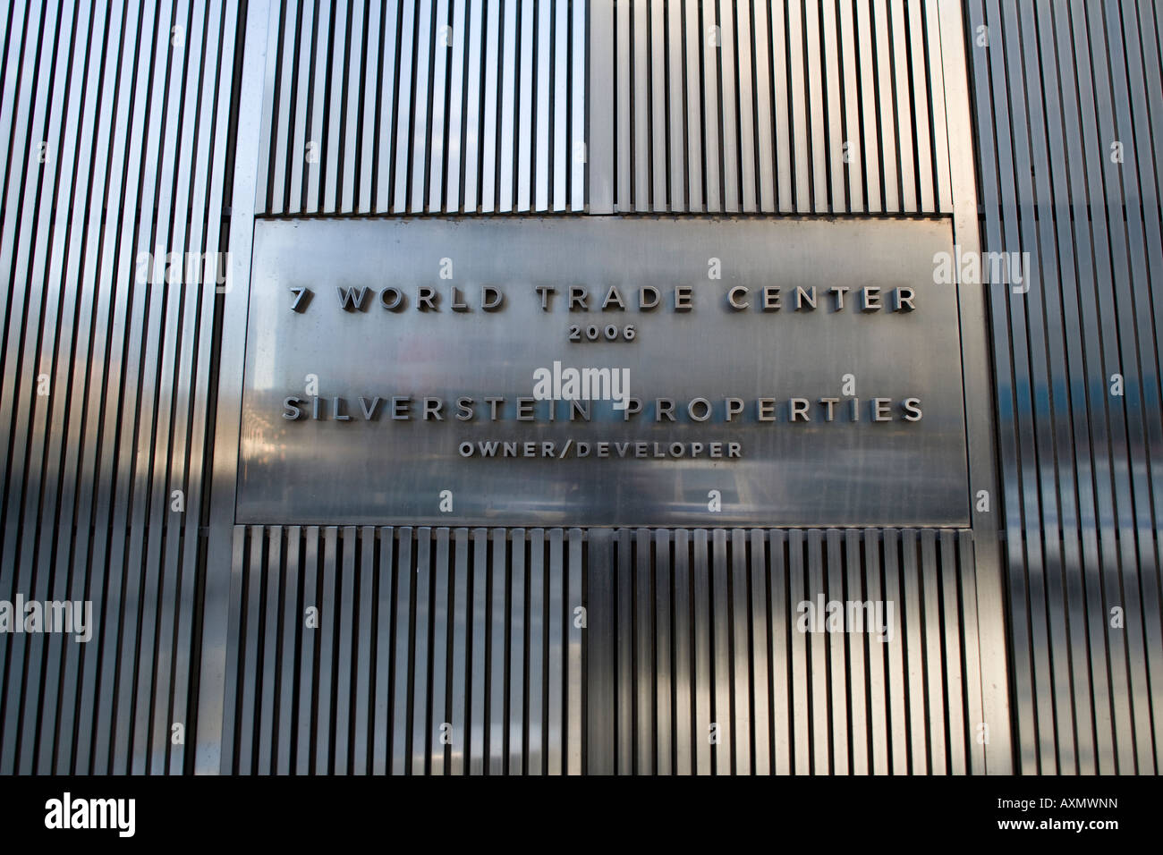 The address nameplate on the side of a building within the World Trade