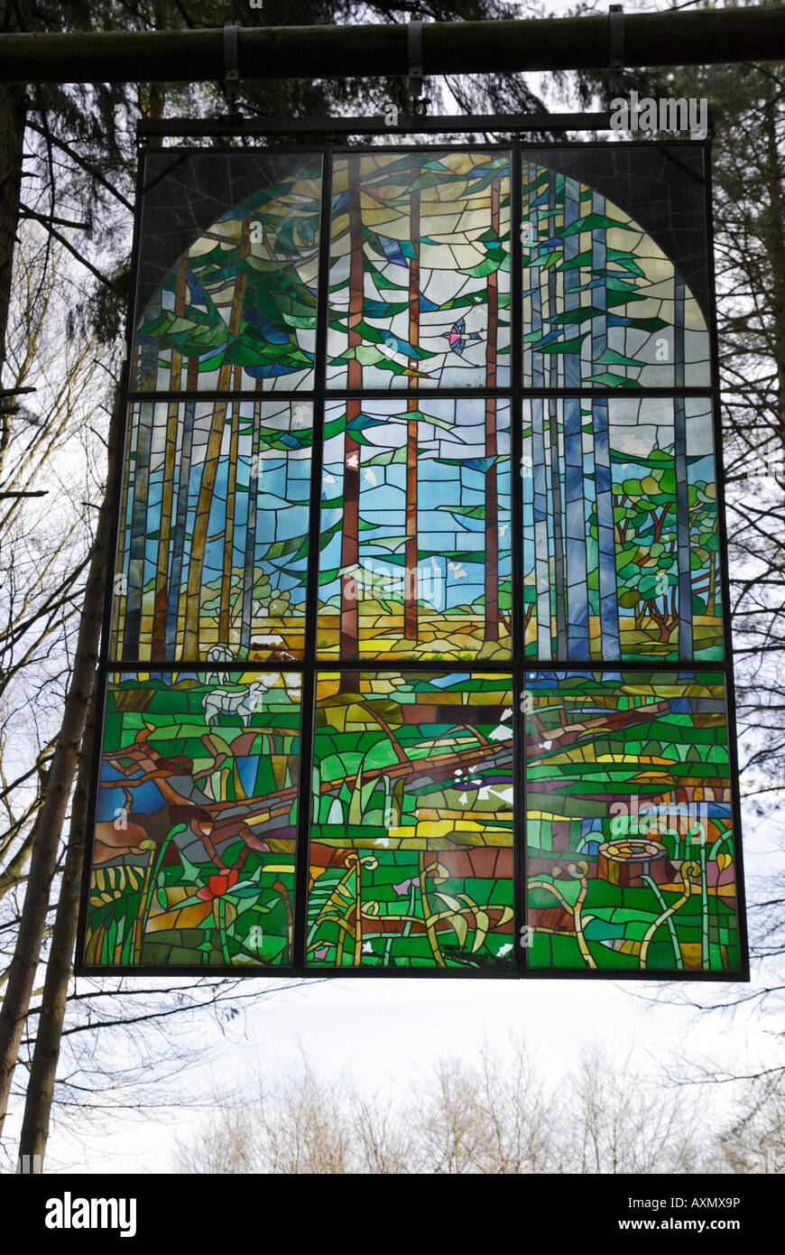 Stained Glass Window on the Sculpture trail Forest of Dean Stock Photo