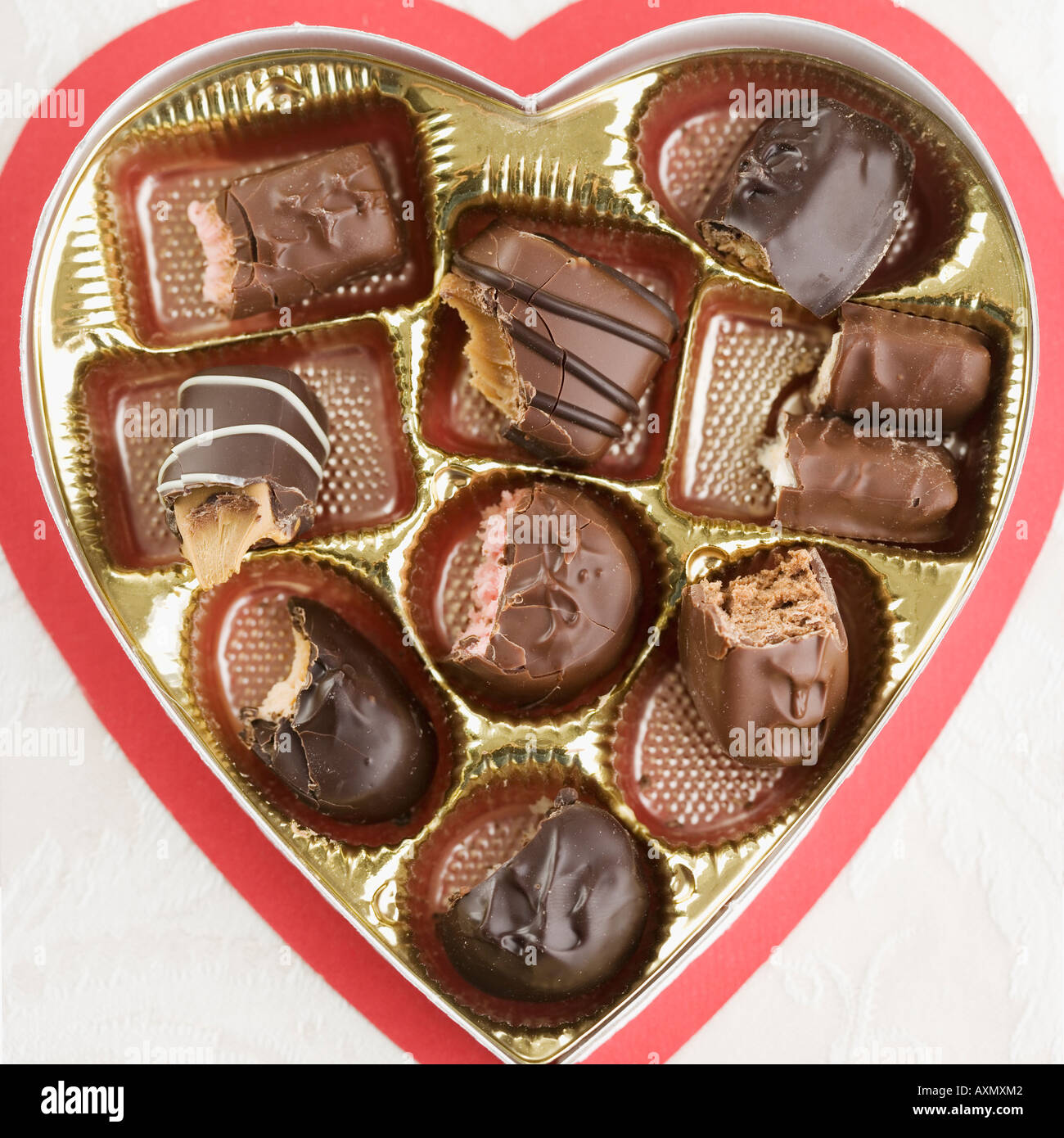 Still life of heart shaped box of chocolates Stock Photo
