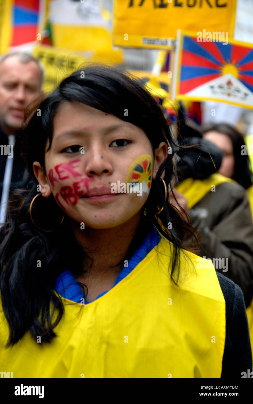 Free Tibet from Chinese suppression demonstration London 22 March 2008. Stock Photo