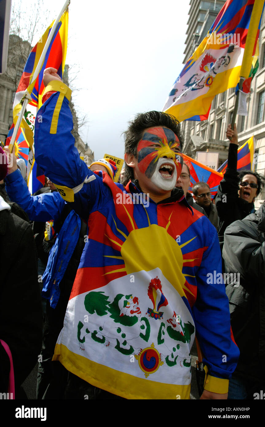 Free Tibet from Chinese suppression demonstration London 22 March 2008. Stock Photo