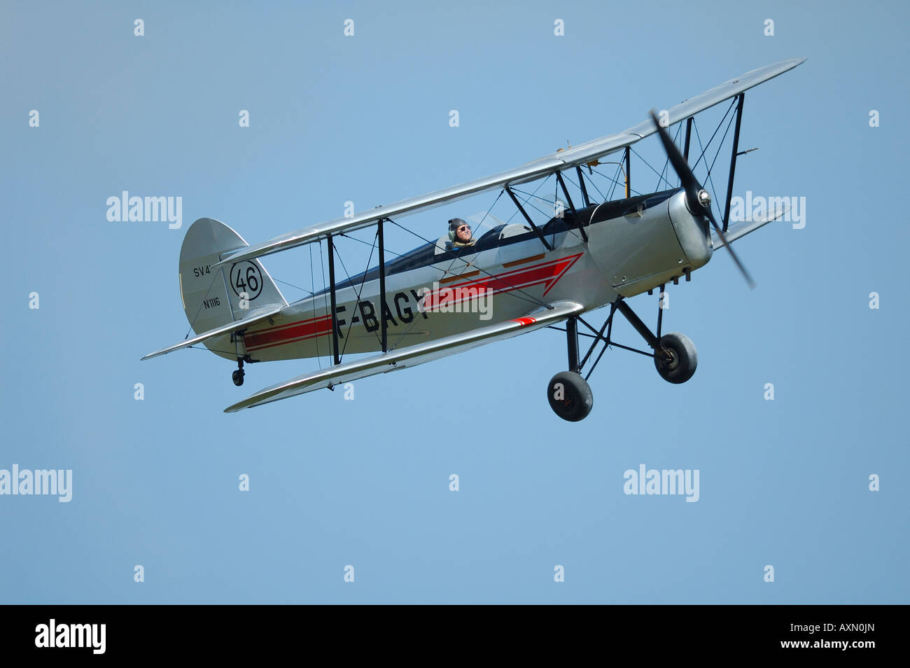 Old french trainer biplane Stampe SV-4a, french vintage air show, La Ferte Alais, France Stock Photo