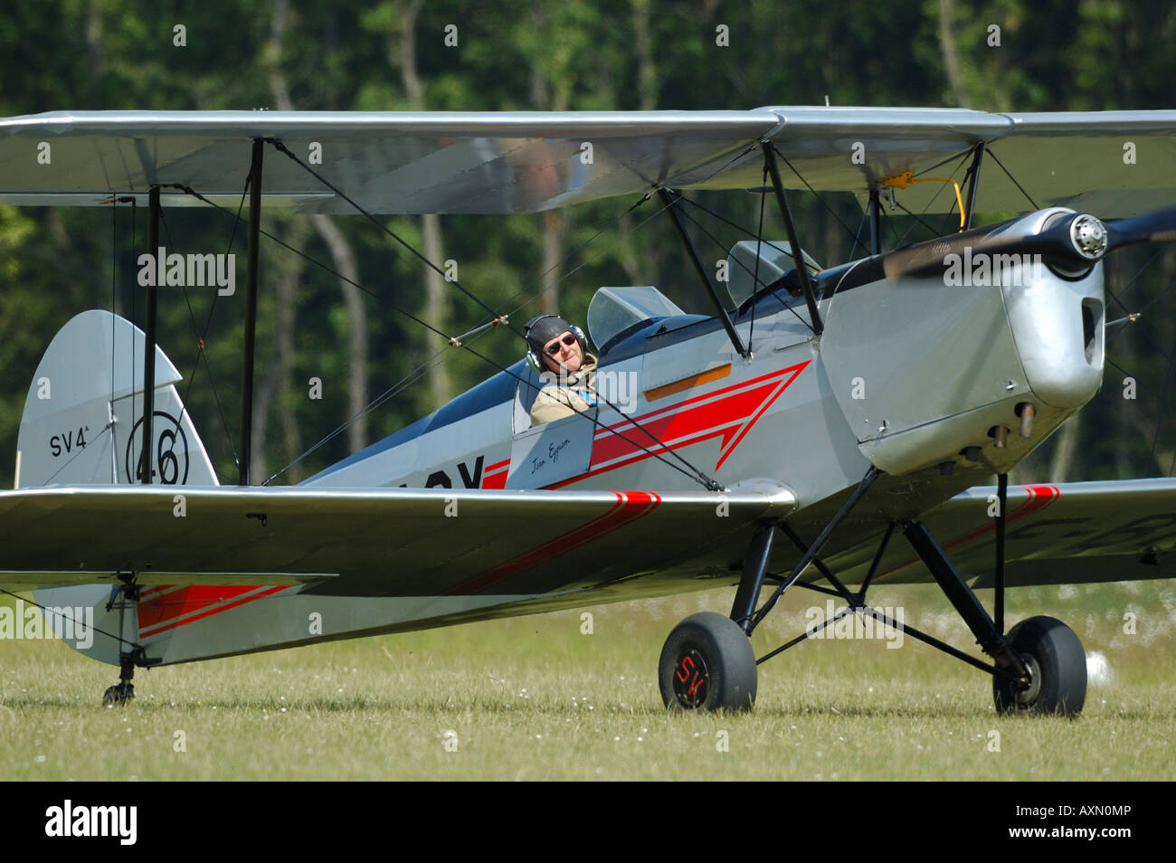 Old french trainer biplane Stampe SV-4a, french vintage air show, La Ferte Alais, France Stock Photo