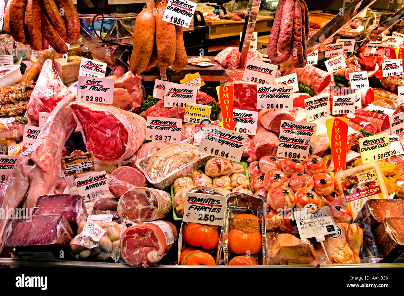 France Paris butcher delicatessen Traiteur Monge rue Mouffetard domestic caterer Stock Photo