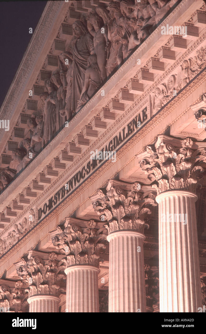 'Eglise de la Madeleine' 'Paris France' Detail 'Greek Architecture' Columns 'Lit Up' at Night Church Religion Stock Photo