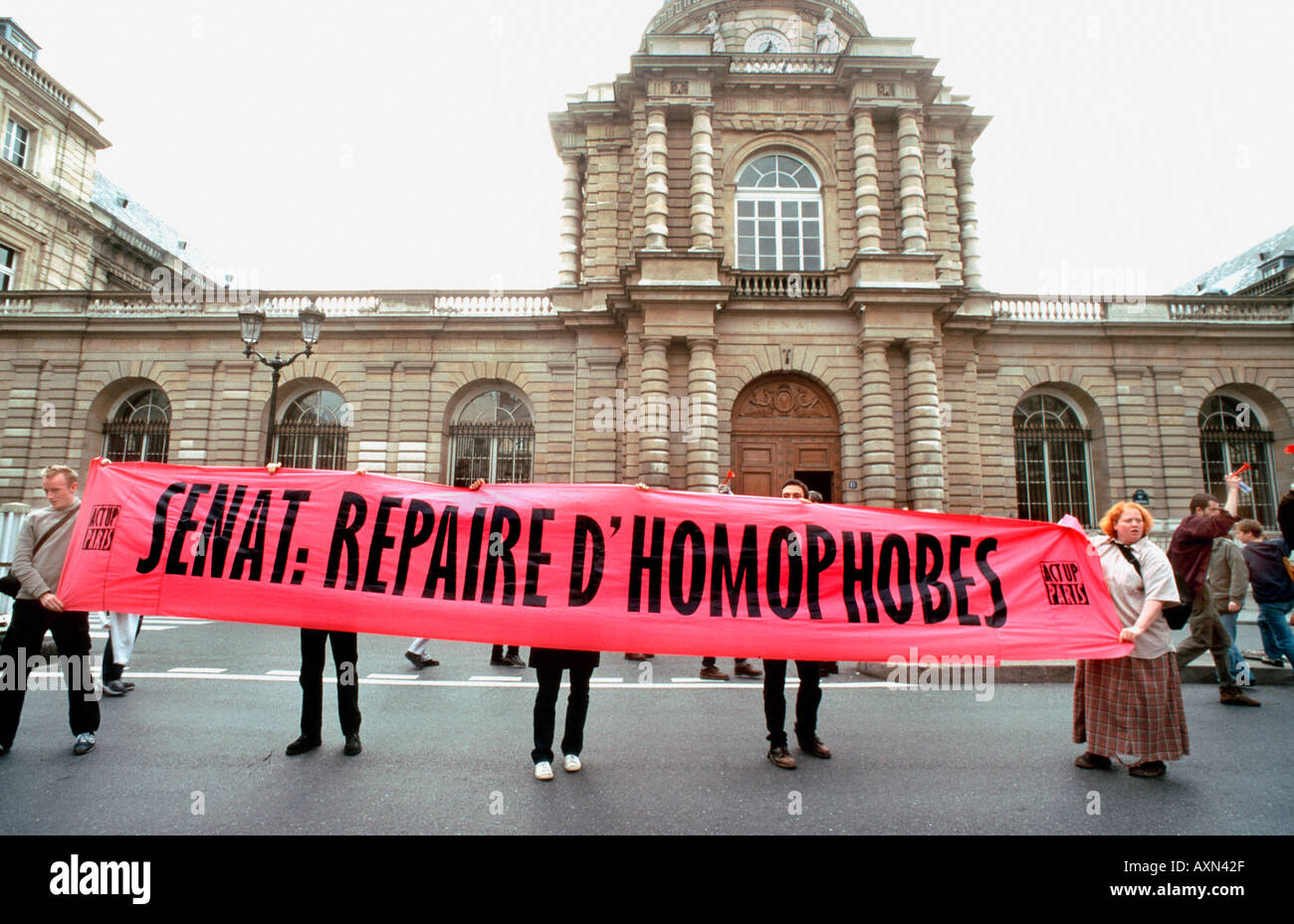 Paris France,  French AIDS Activists from 'Act Up Paris' Protesting LGBT Against Homophobia in French Senate Demonstration Stock Photo