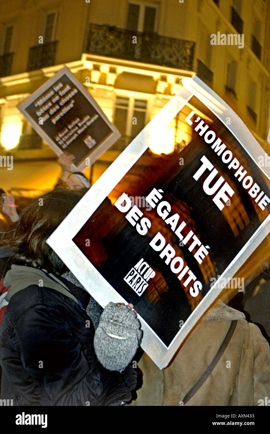 Discrimination, Paris France, LGBT Homophobia Demonstration,  Signs of AIDS Activist Group 'Act Up' Paris, 1990's LGBT activism anti discrimination Stock Photo