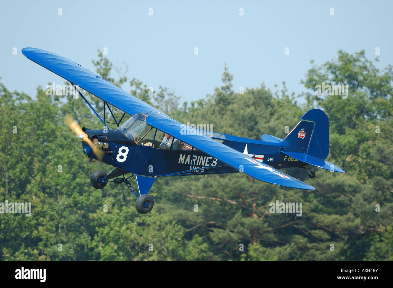 Piper J-3 Cub (L-4) with WWII US Marines colors, french vintage air show at La Ferte Alais, France Stock Photo