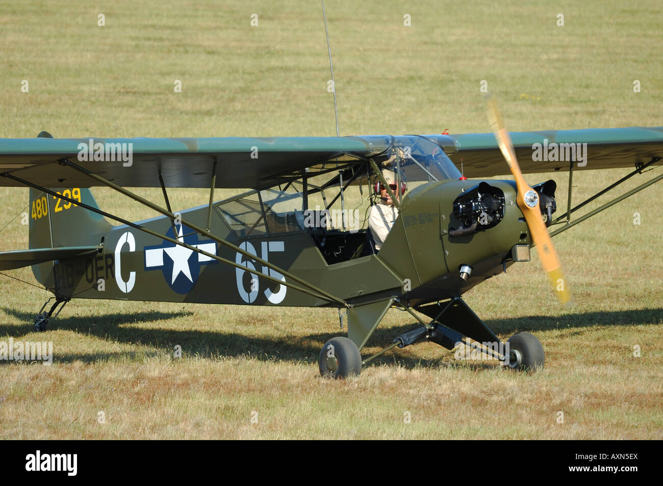Old Piper J-3 Cub (L-4) plane used during WWII in Europe by us army. Stock Photo