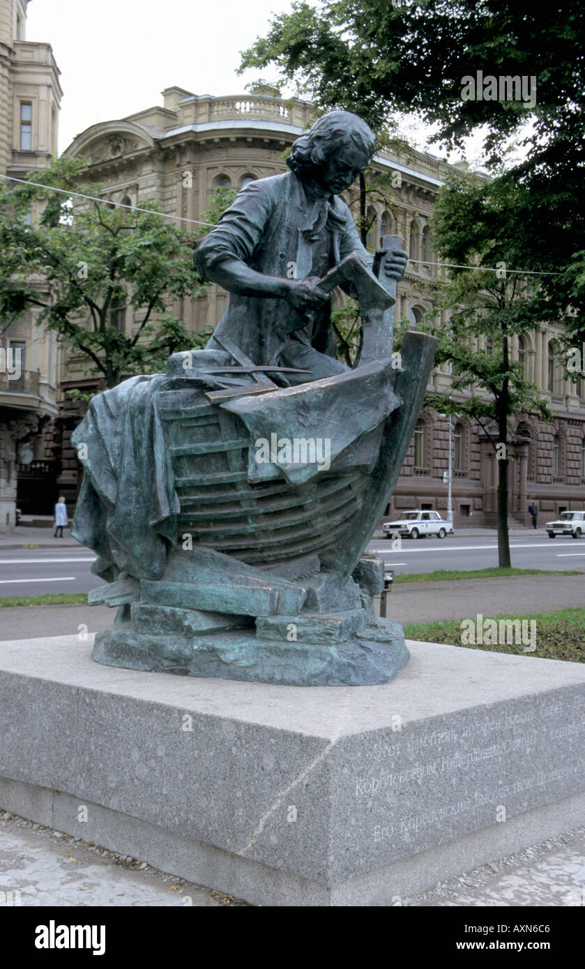 Statue of Peter the Great of Russia as a boat builder on the bank of the River Neva St Petersburg Stock Photo