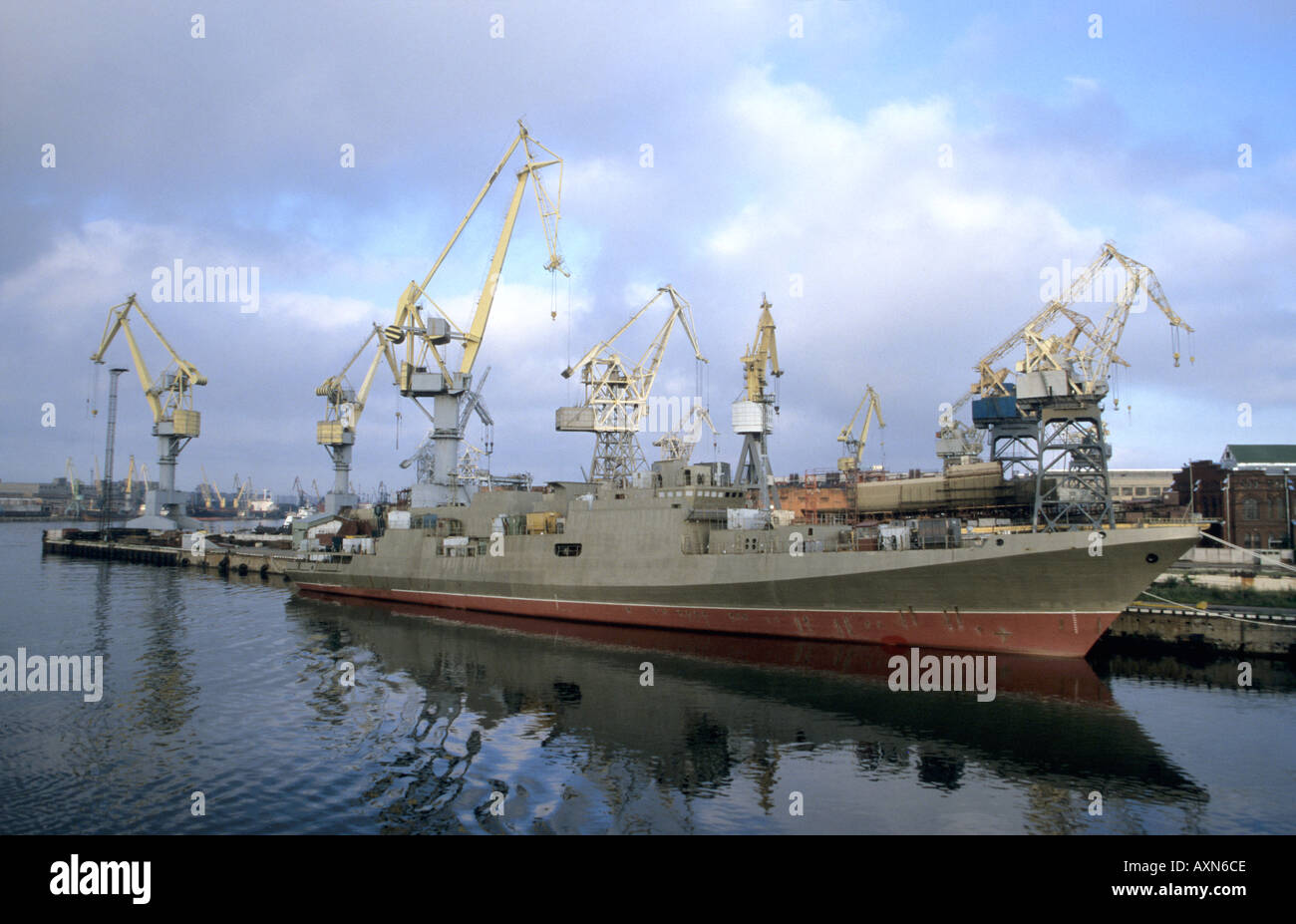 Russian ship yard along the bank of the River Neva approaching ST Petersburg Stock Photo