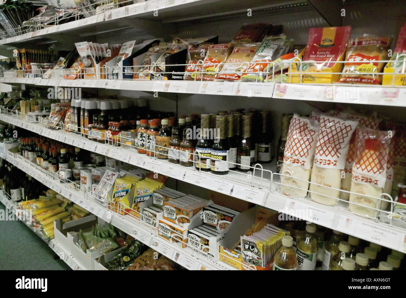 Racks in an asian grocery store Hamburg Germany Europe Stock Photo