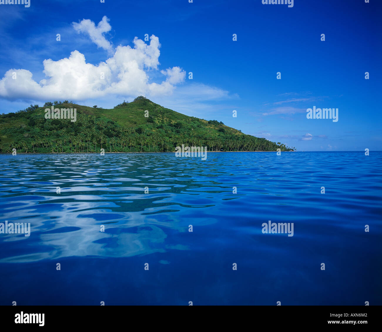 Motu Toopua with palm tree lined shore from the blue waters of Bora ...