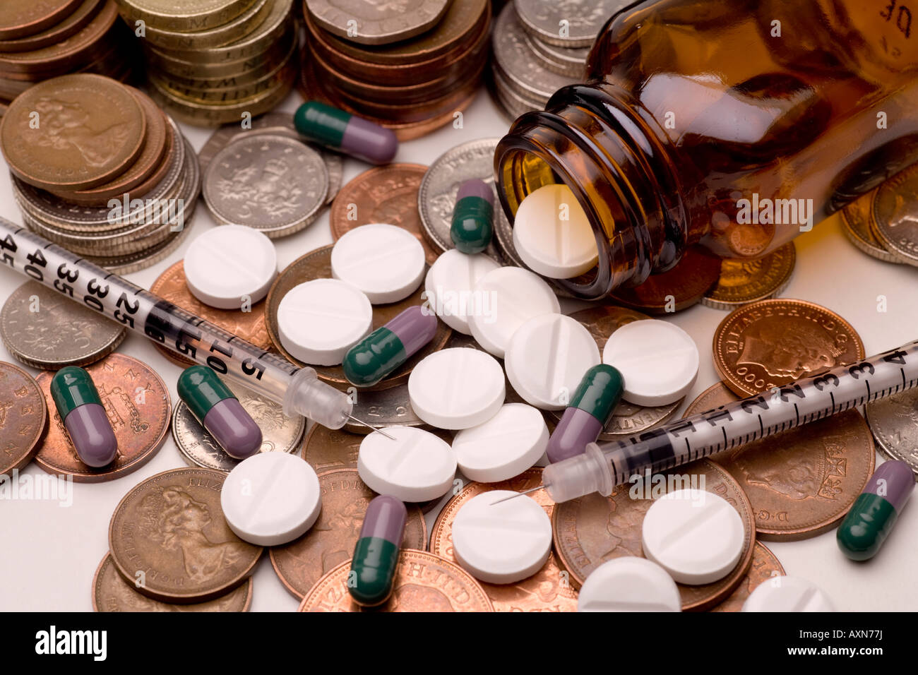 Costs National Health Service medicine prescription charges cash money drugs syringe and brown glass bottle Stock Photo