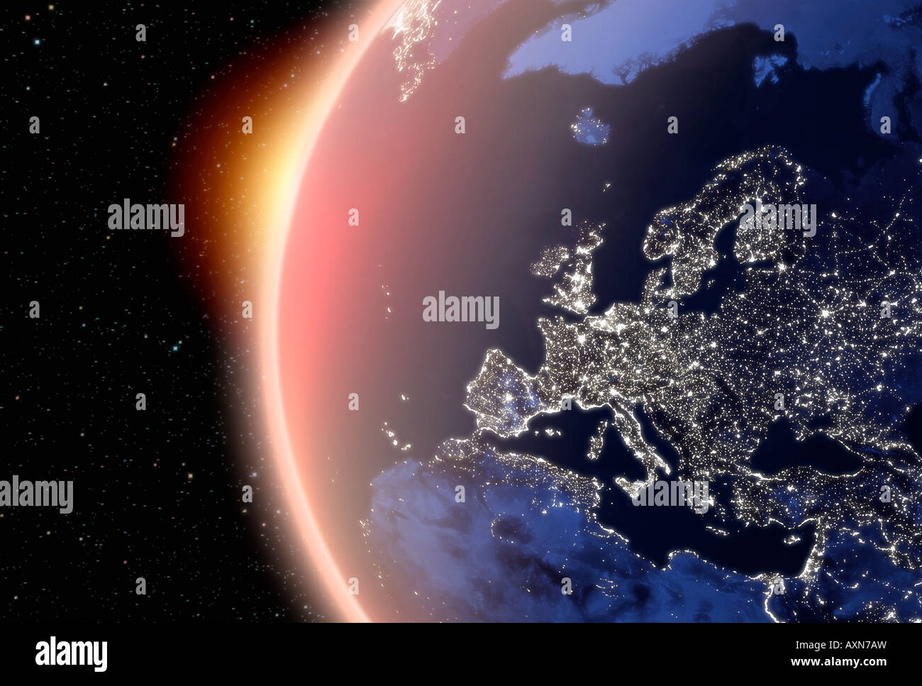 satellite image of planet earth Europe at night Stock Photo