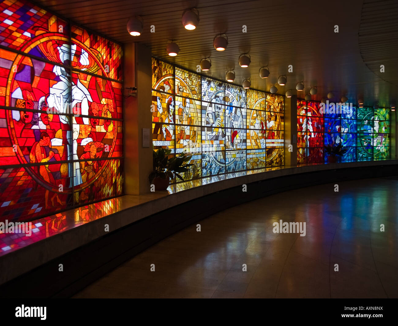 View from inside the Tallin TV tower with stained glass windows Stock