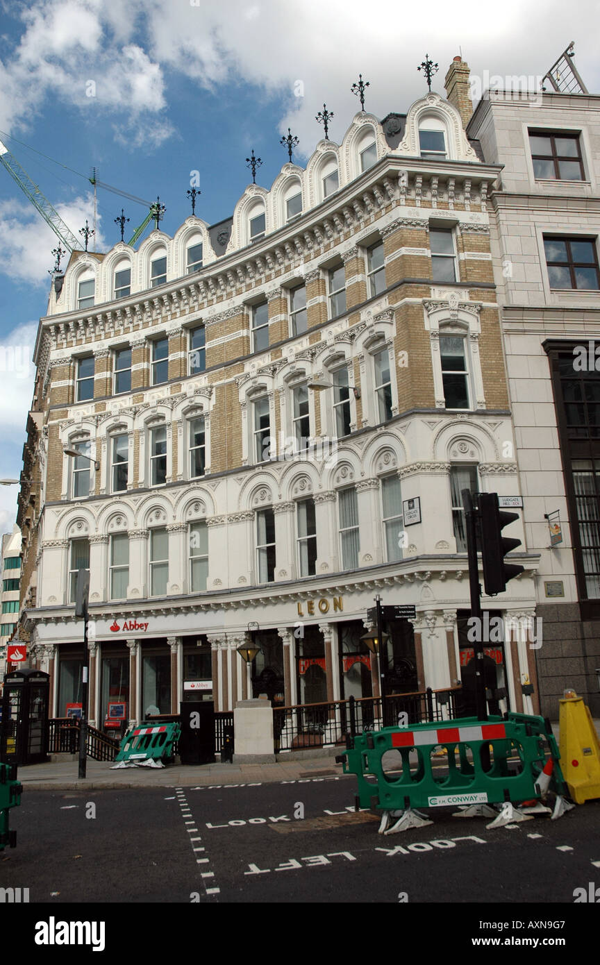 Building on Ludgate Circus, crossroads of Farringdon Street, Ludgate Hill and Fleet Street in London, UK Stock Photo
