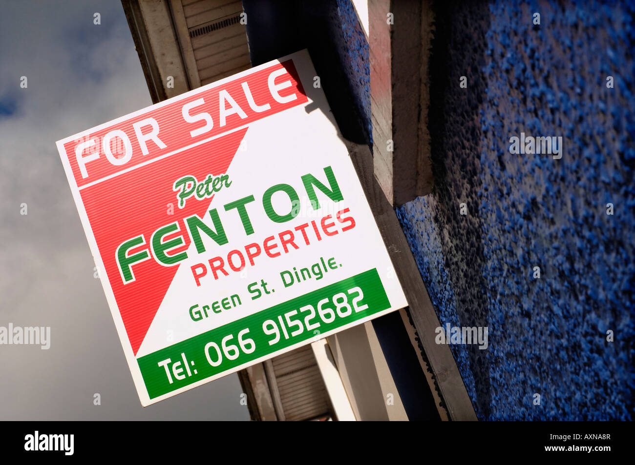 colourful Irish house for sale sign in Dingle, Kerry, Ireland Stock