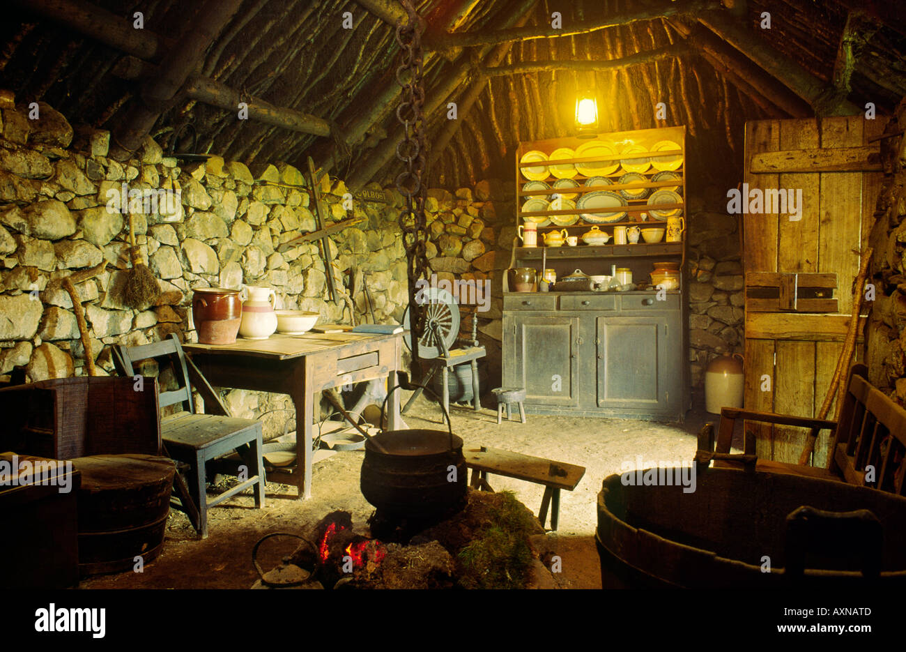 Interior of the Black House traditional croft at the museum at Colbost, near Dunvegan, Isle of Skye, Scotland, UK Stock Photo