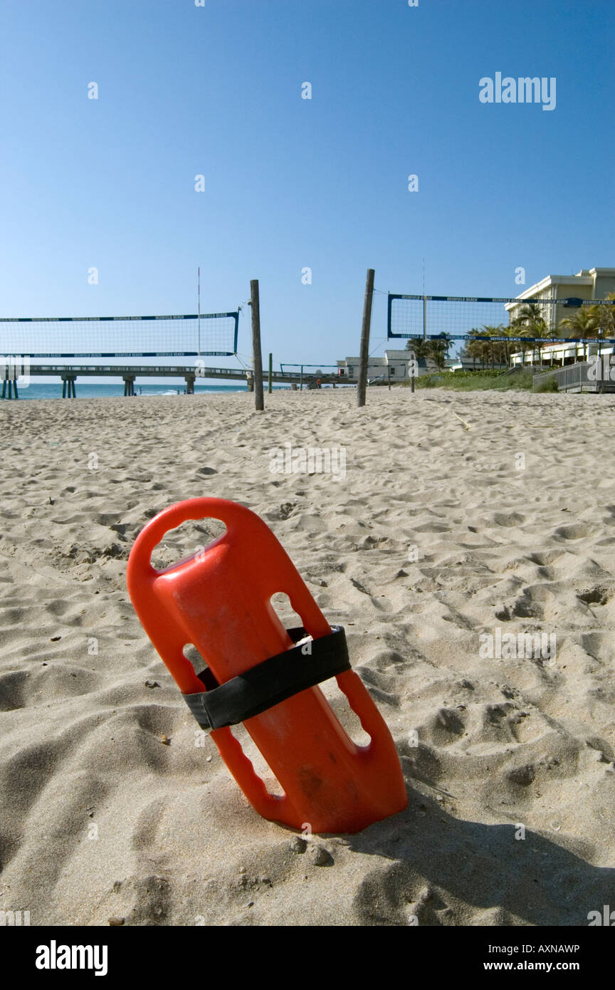 Lifeguard floatation device in sand at Deerfield Beach, Florida, USA