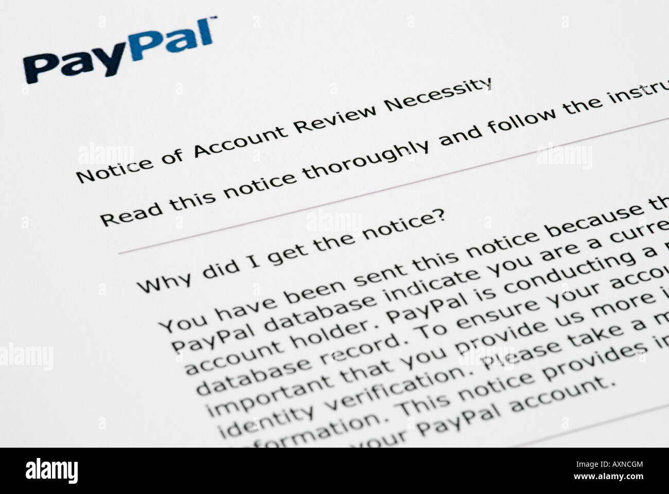 Phishing email purporting to be from PayPal Stock Photo