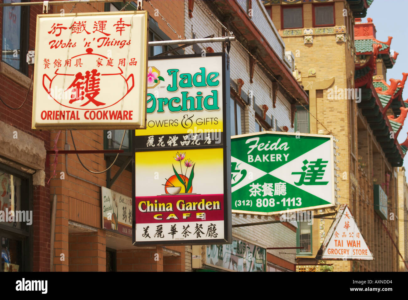 ILLINOIS Chicago Store and restaurant signs along street in Chinatown ...