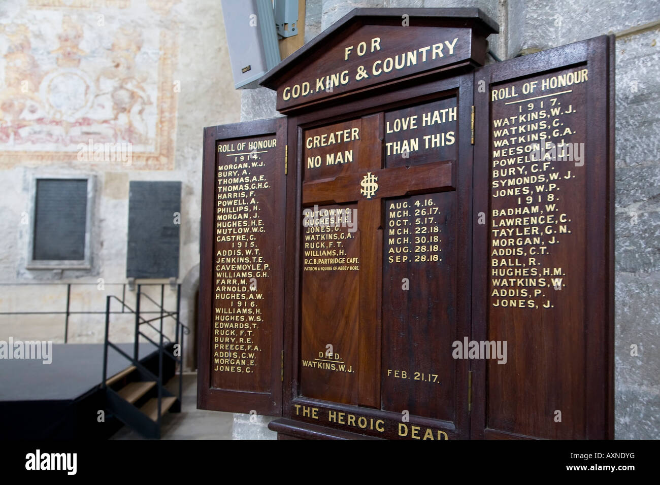 Roll of Honour remembrance board inside parish church Dore Abbey Wales UK Stock Photo