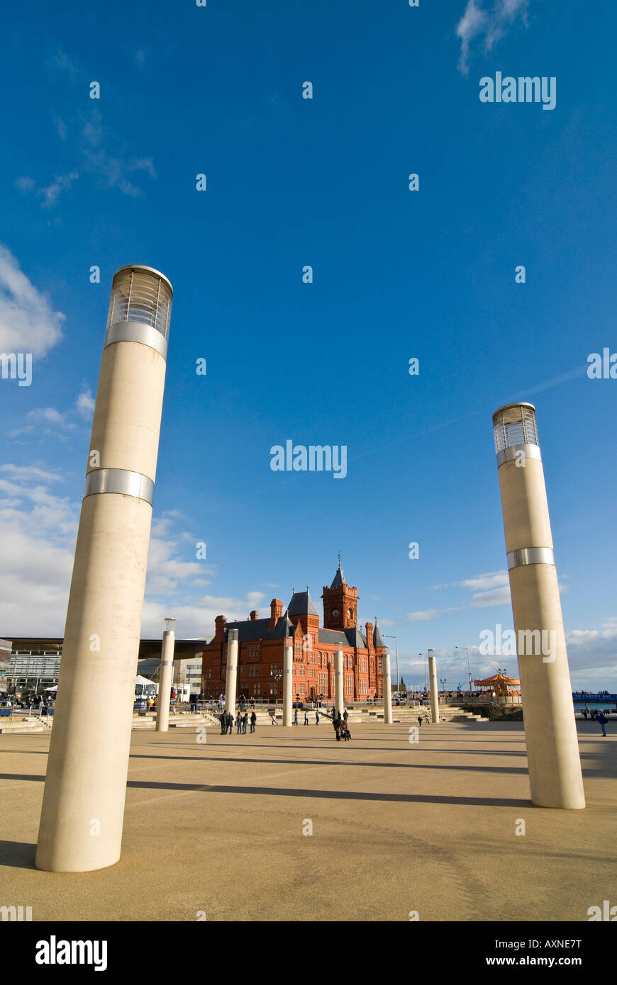 Vertical wide angle of the distinctive Pierhead Building from Roald Dahl Plass in Cardiff Bay on a bright sunny day Stock Photo