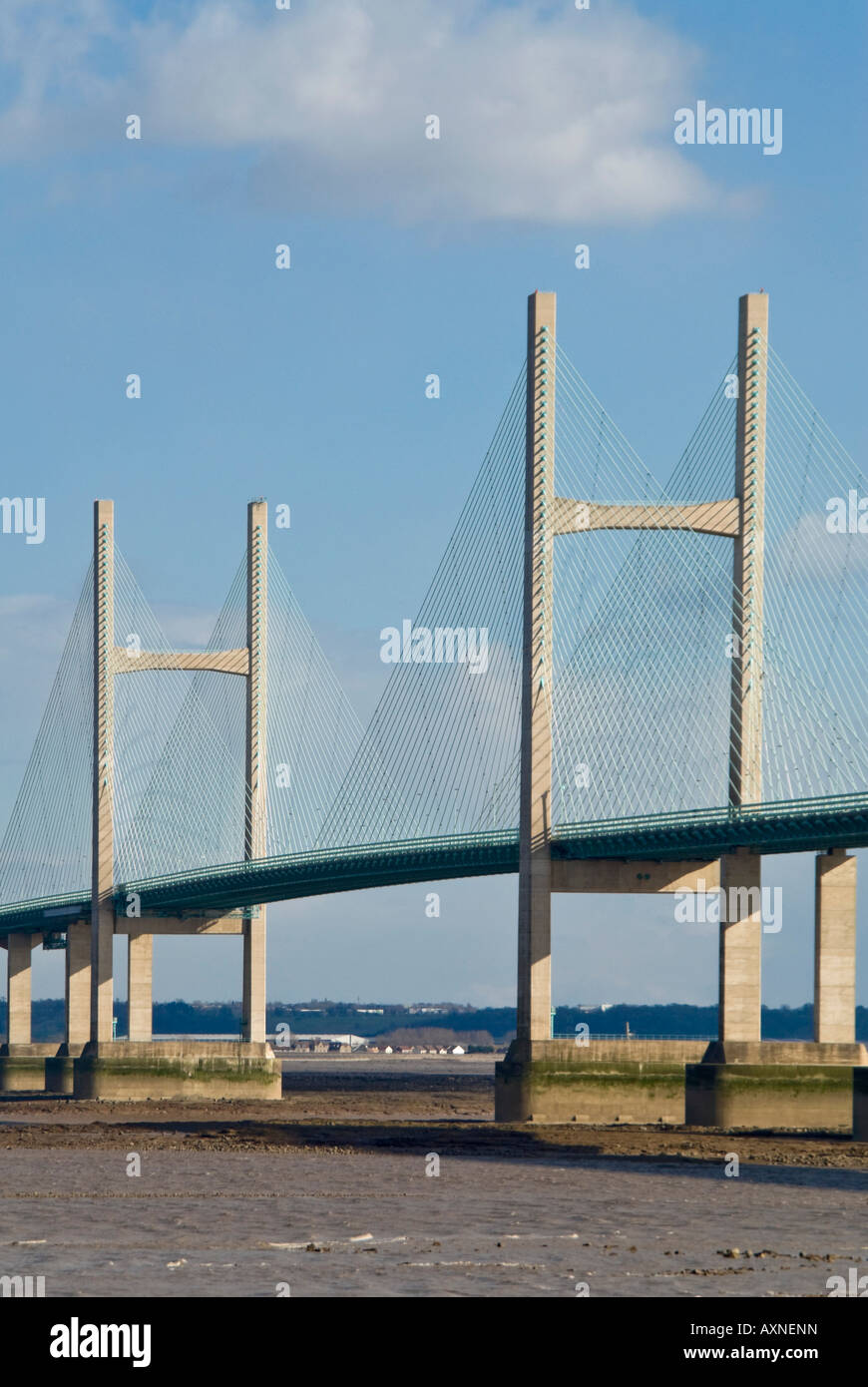 Vertical view of the Second Severn Bridge [ail groesfan hafren] aka the Prince Of Wales bridge (Pont Tywysog Cymru) crossing the Severn estuary. Stock Photo