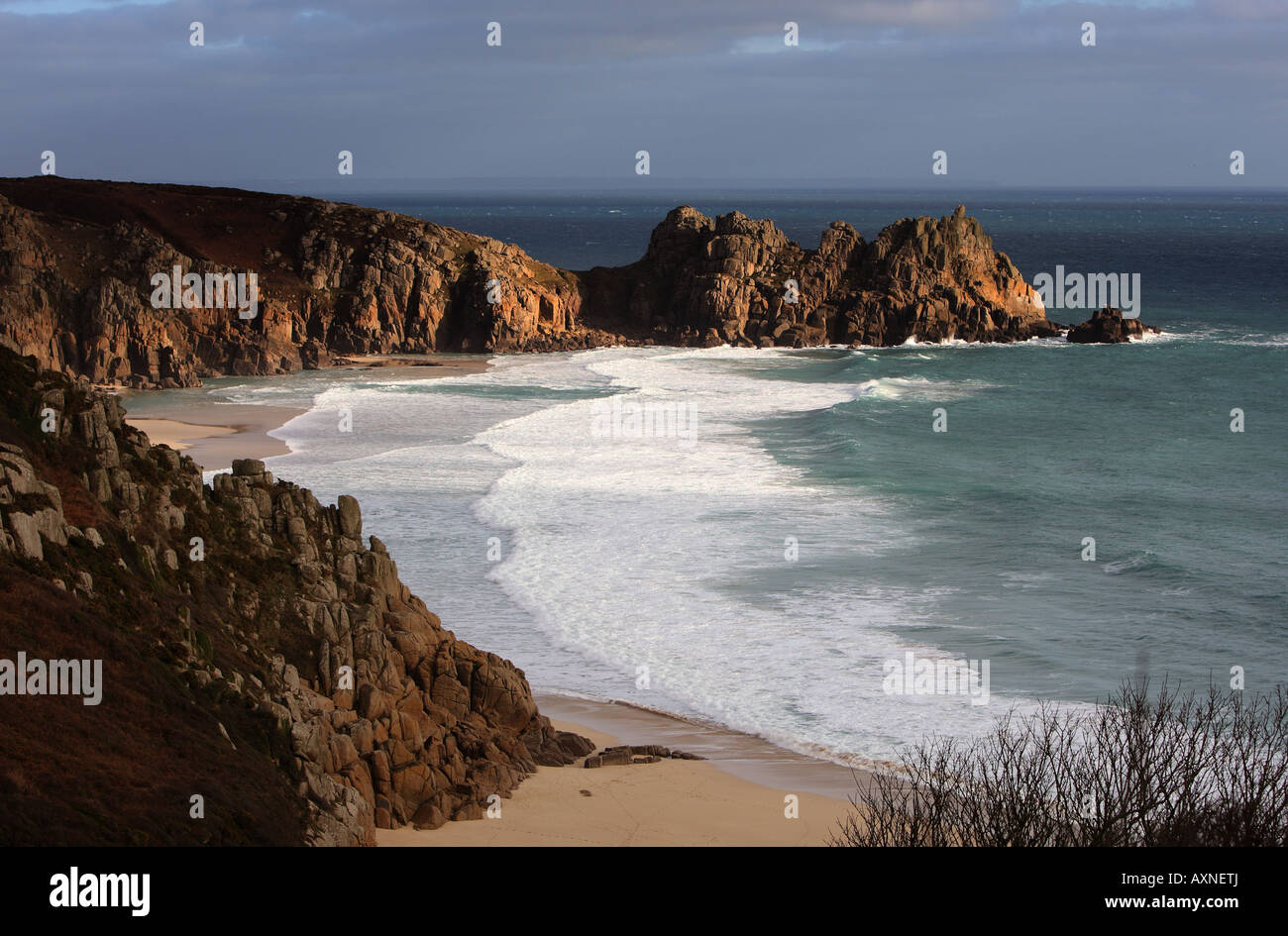 porthcurno,cornwall,coastline,beach,ocean,waves Stock Photo
