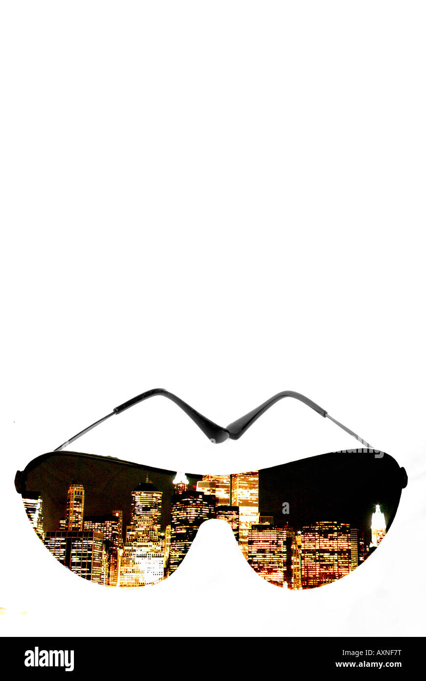 City lights reflected on sunglasses Stock Photo