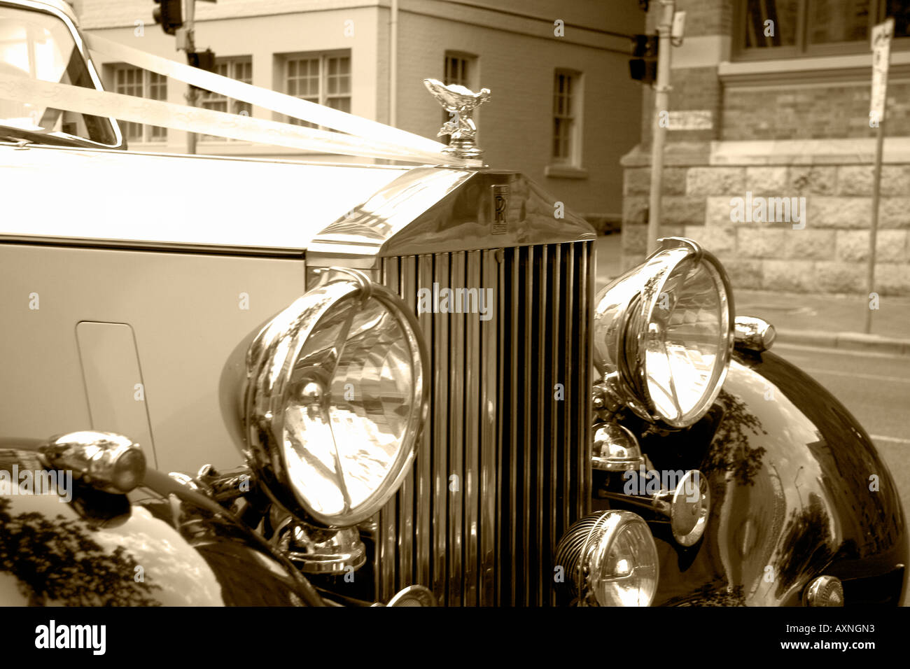 Front of Wedding Car Old Style Sepia Tone Stock Photo