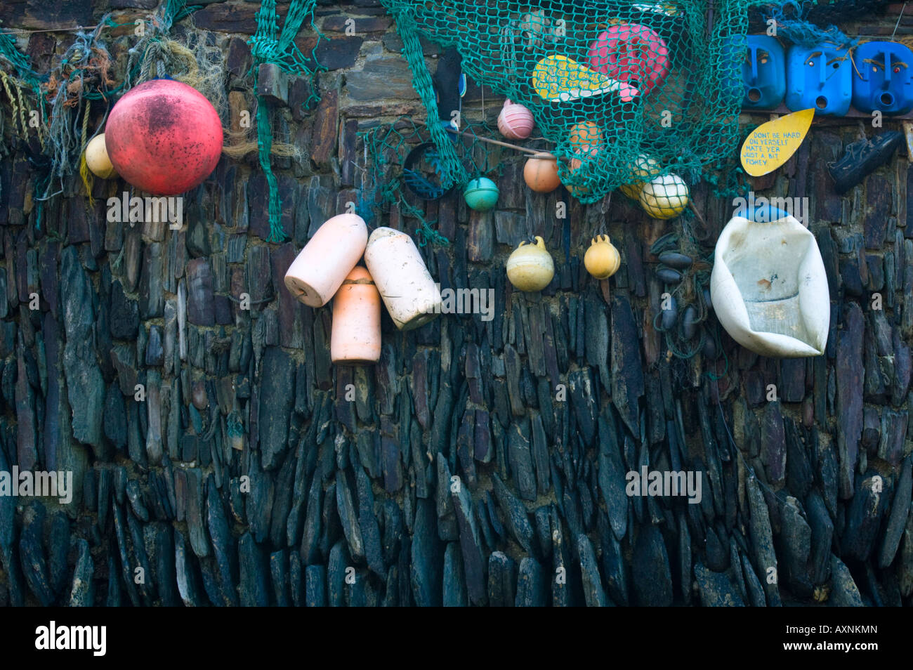 Fish net and floats in Cornish Village, Trebarwith Strand, England Stock Photo