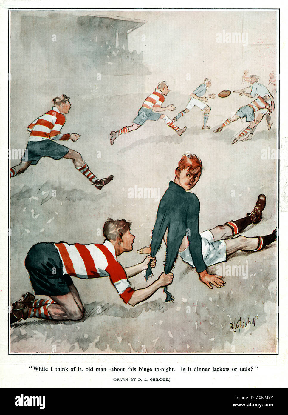 Dinner Jackets Or Tails 1931 cartoon as the rugby tackle ripping the shirt reminds of the need to establish the dress code for the evening Stock Photo
