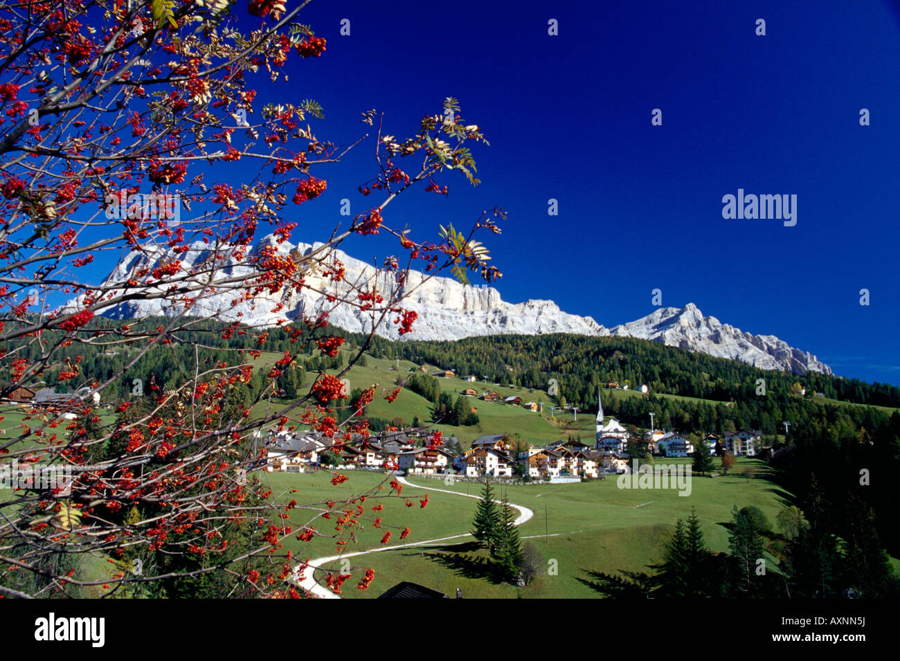 St. Leonhard, Gader Valley, Kreuzkofel, Dolomites, South Tyrol, Italy Stock Photo