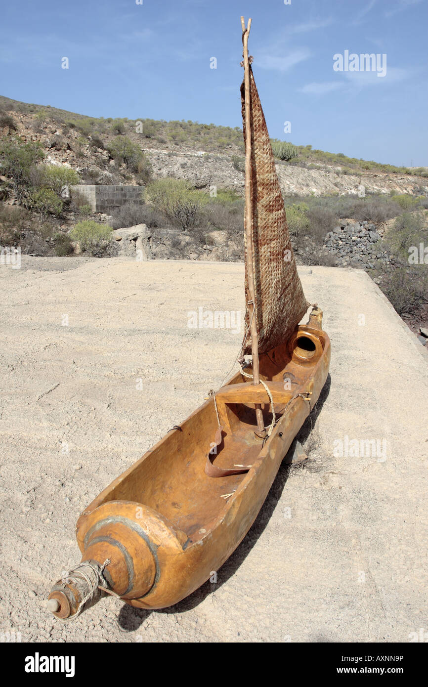 Barco de Drago Dragon boat, traditional wooden model of the Guanche aboriginals of Tenerife, Canary Islands, Spain Stock Photo