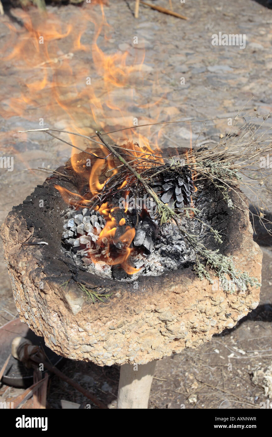 Burning herbs as part of a Guanche ceremony Tenerife Canary Islands, Spain Stock Photo